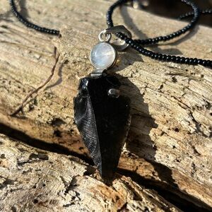 Sterling Silver Obsidian Arrowhead & Rainbow Moonstone Pendant • Signed Talisman